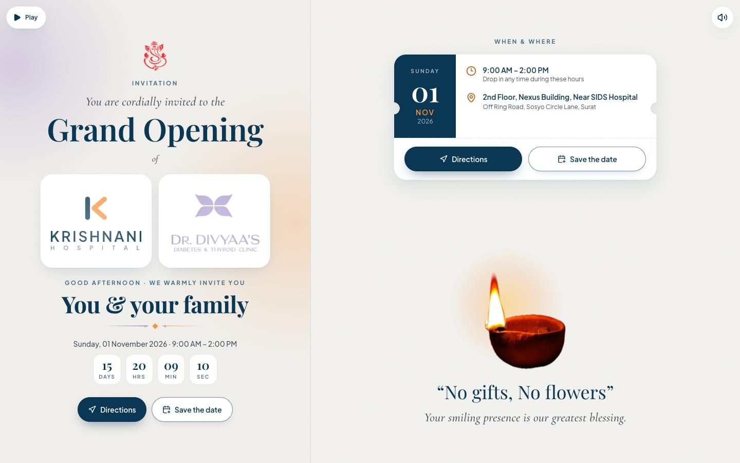 The invitation on a laptop: greeting and countdown on the left, date and venue card on the right