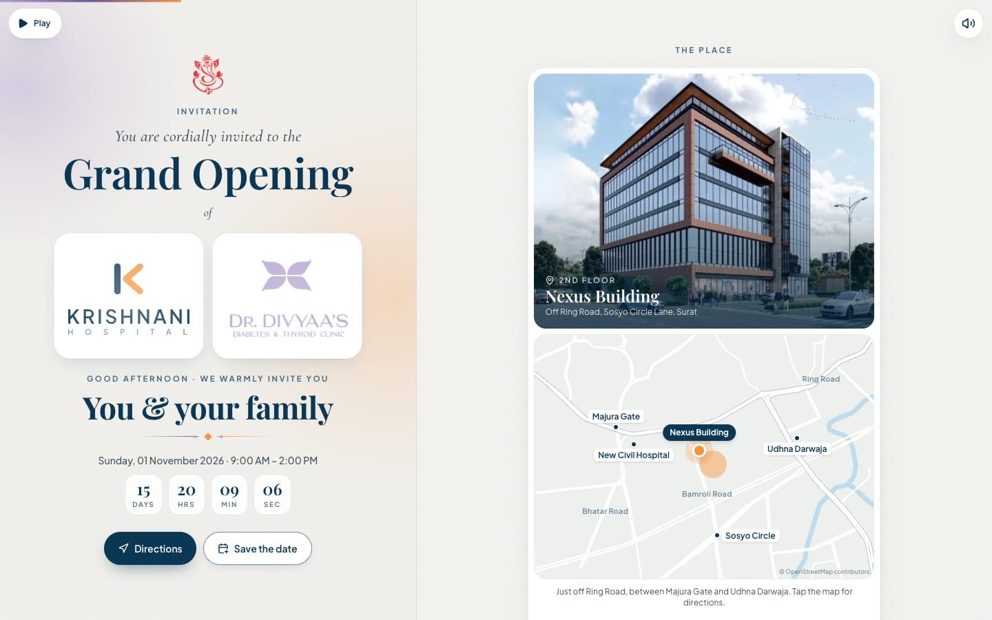 The invitation on a laptop: venue photo and map with a directions button