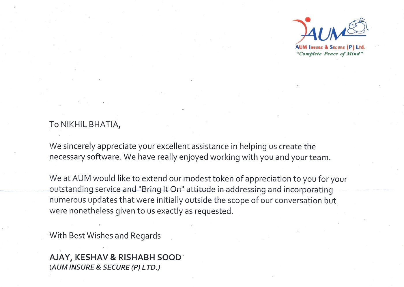 AUM Insure & Secure's signed letter of appreciation