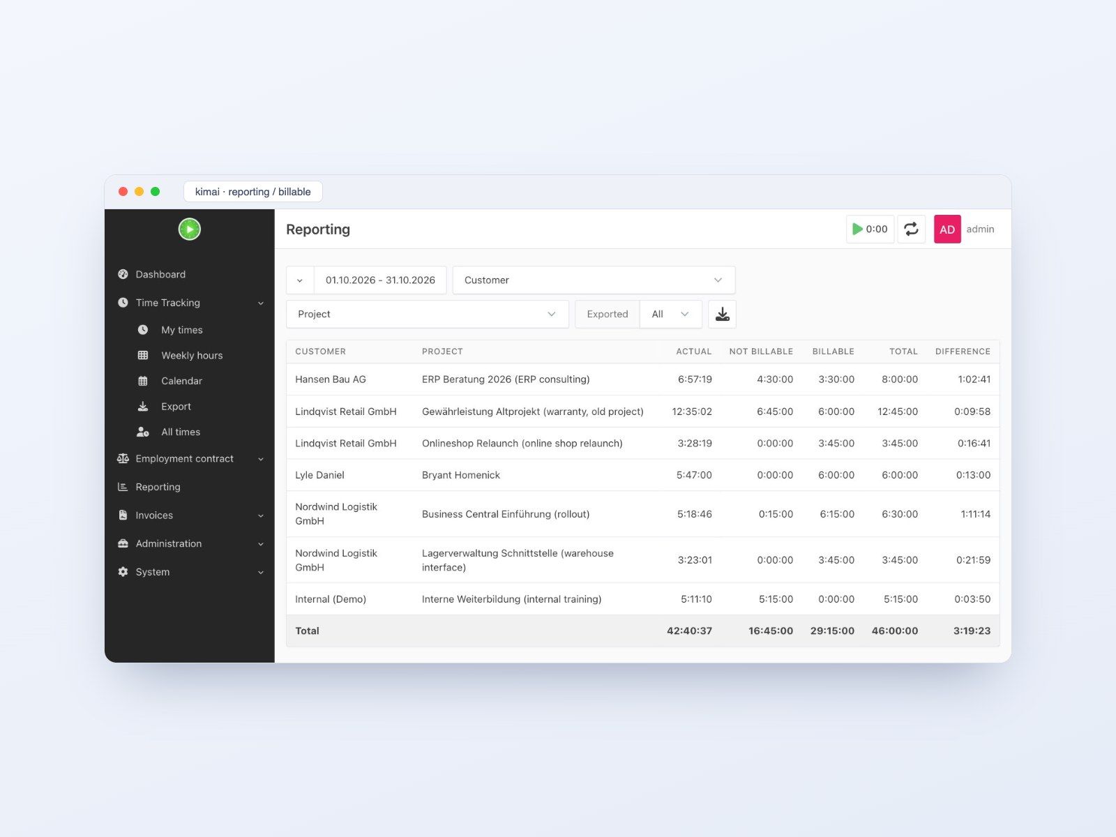 Kimai billable-time plugin: Time-tracking plugin