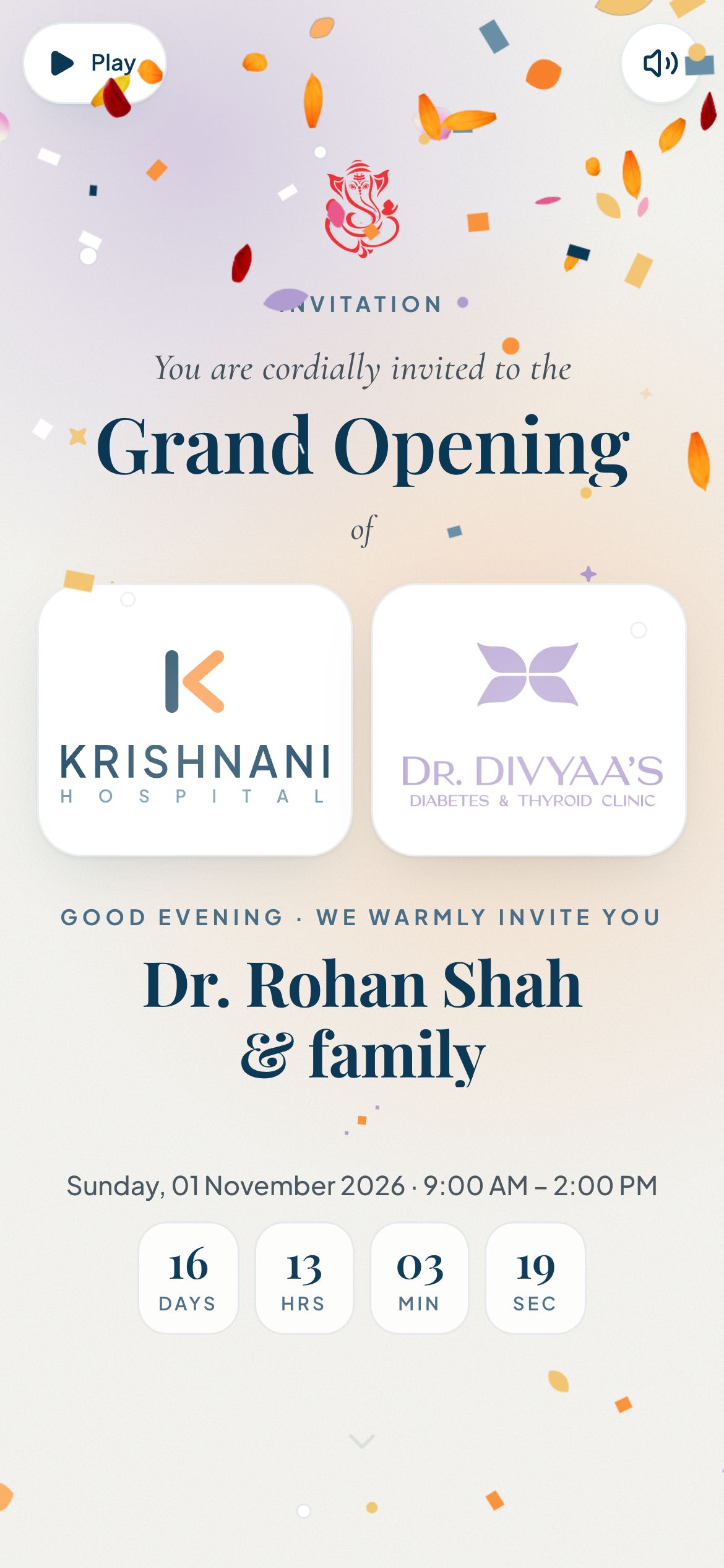 An invitation opening on a phone, with confetti and the guest's own greeting