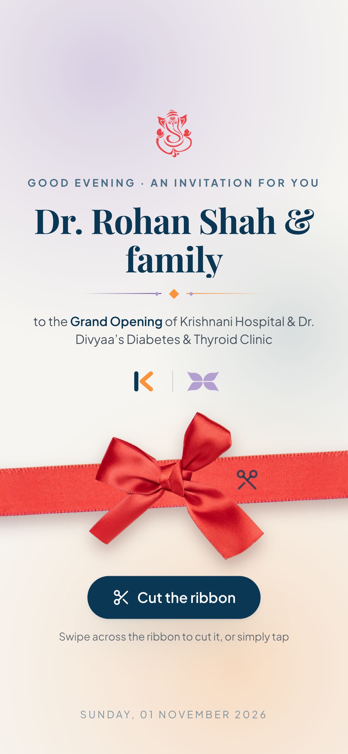 Invitation opening screen with a red ribbon to cut