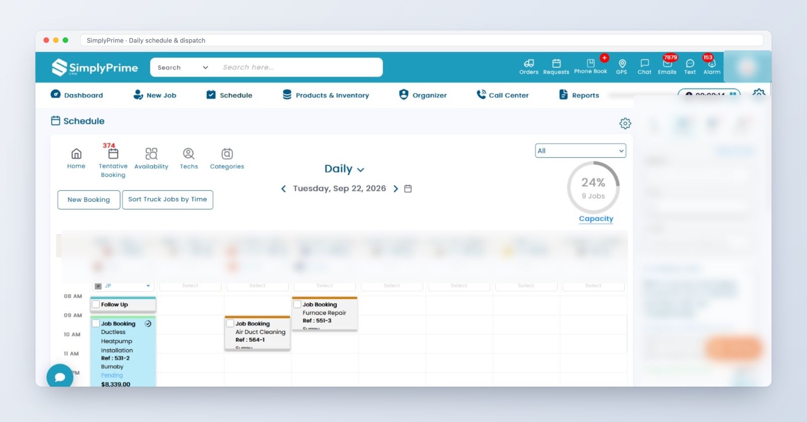 Daily schedule and dispatch screen