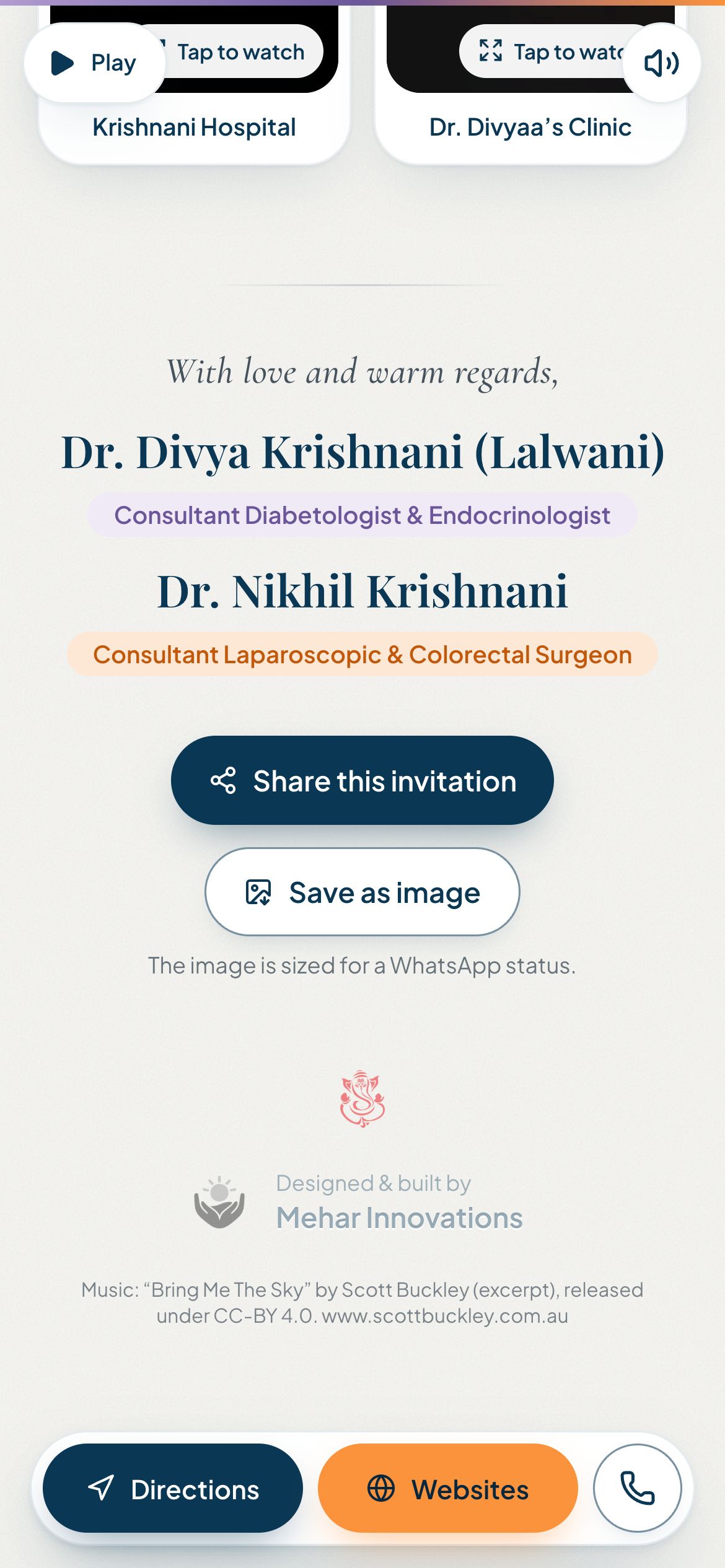 Invitation closing page with share buttons