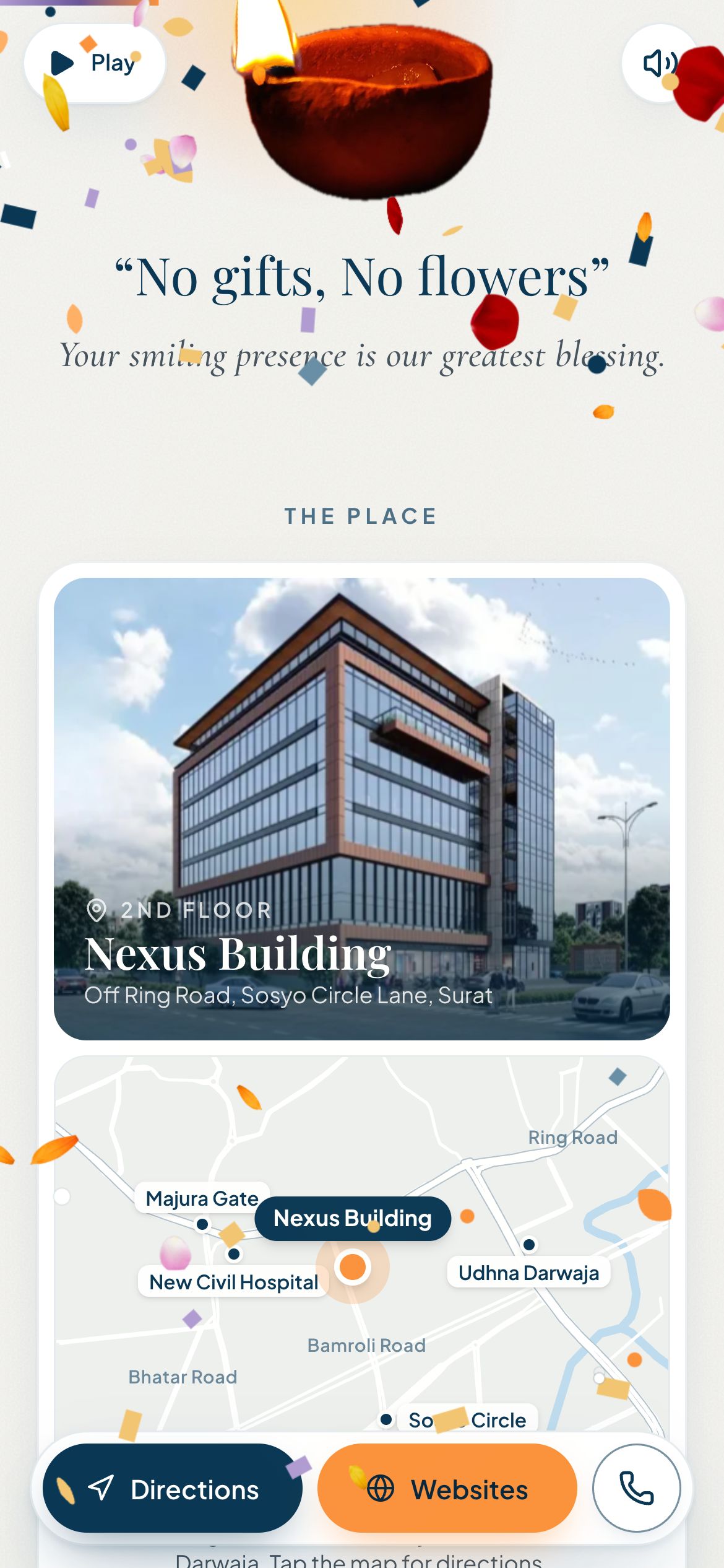 Invitation venue page with a map and directions button